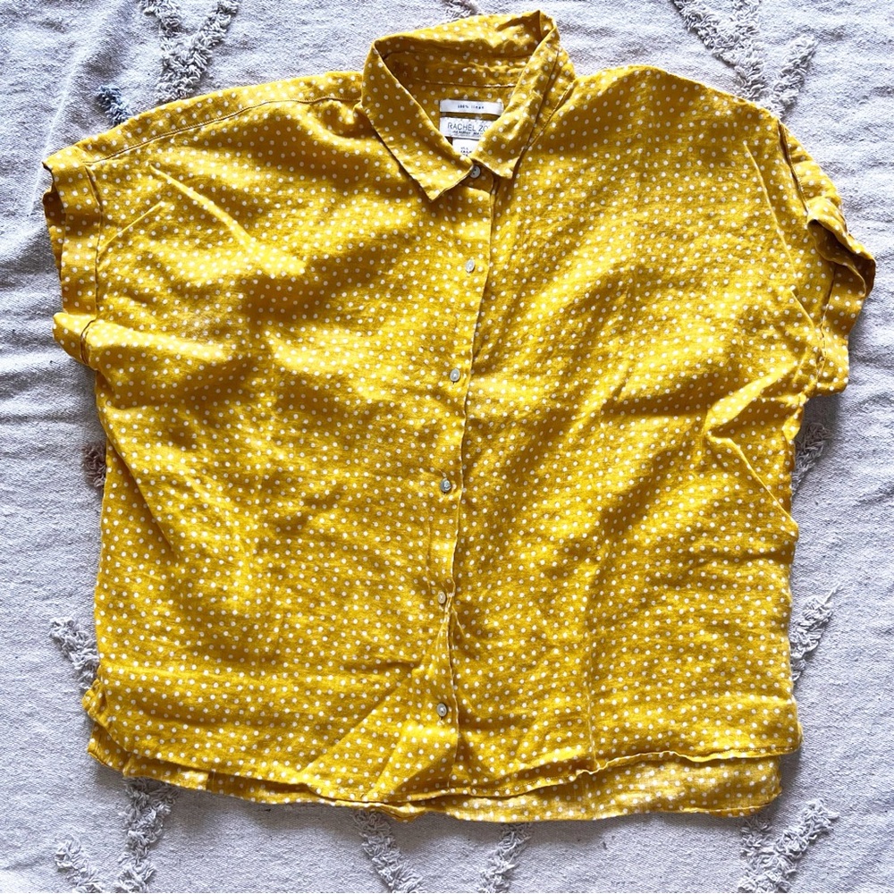 Rachel Zoe Golden Mustard Yellow Polka Dot Button-Up Shirt linen size large L